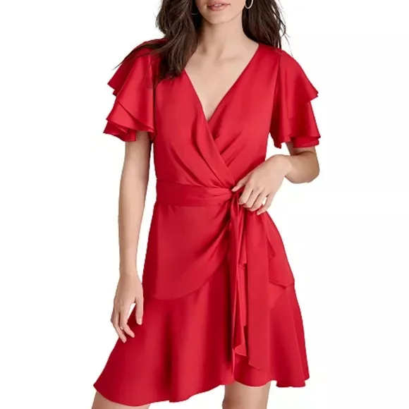 DKNY Red Wrap Mini Dress - Picture 2 of 7